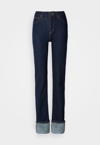 Tumesinised teksapüksid sirge säärega, millel on rullitud mansett ja kontrastne õmblus. Keskmise kõrgusega vöökoht ja klassikaline nööpkinnitusega.