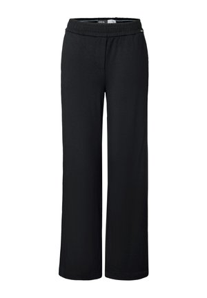 Pantalons larges noirs avec une taille élastique, fabriqués en tissu doux, dotés de deux poches latérales et d'une coupe ample sur toute la jambe.