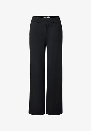 Mustat leveät housut joustavalla vyötäröllä, pehmeästä kankaasta valmistettu, jossa on kaksi sivutaskua ja väljät lahkeet.