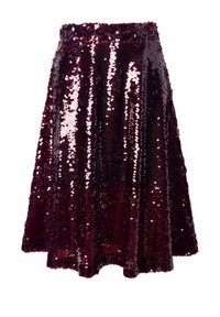 Gonna in paillettes bordeaux con un design svasato, caratterizzata da una superficie lucida e texture, e una cintura elastica per una vestibilità comoda.
