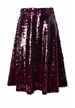 Bordeaux paillettenrok met een uitlopende stijl, voorzien van een gestructureerd, glanzend oppervlak en een elastische tailleband voor een comfortabele fit.
