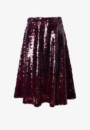 Burgunderfarbener Paillettenrock mit ausgestellt Design, der eine strukturierte, glänzende Oberfläche und einen elastischen Bund für einen bequemen Sitz bietet.