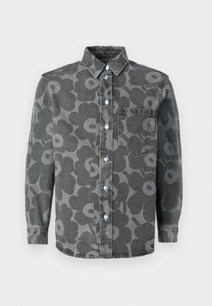 Tumši pelēkā džinsa krekls ar garām piedurknēm, liela ziedu raksta, ar pogām aizdarē, ar norādītu apkakli un vienu krūšu kabatu.