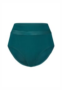 Bas de bikini taille haute en teal avec une texture lisse, deux bandes horizontales satins et un design à couverture modérée.