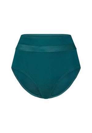 Hochtaillierte türkisfarbene Bikiniunterhose mit glatter Textur, zwei horizontalen satinartigen Bändern und moderatem Schnitt.