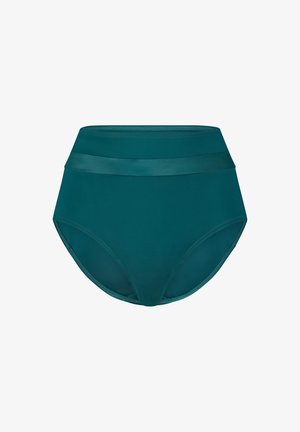 Bas de bikini taille haute en teal avec une texture lisse, deux bandes horizontales satins et un design à couverture modérée.
