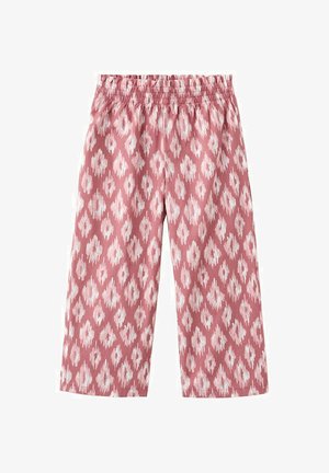 Pantalon rose à jambes larges avec un motif losange abstrait blanc et une taille élastique.