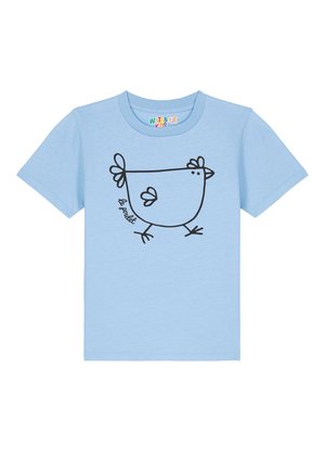Hellblaue Baumwollt-shirt mit einer einfachen Schwarzlinienzeichnung eines Huhns und dem Text "le poulet" in der unteren rechten Ecke. Kurze Ärmel.