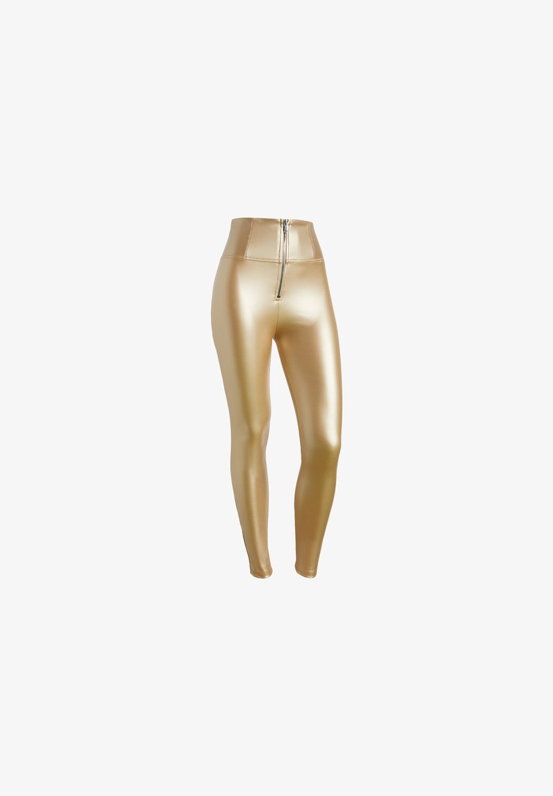 Leggings high-waisted in oro metallico con zip frontale, texture liscia e design aderente. Adatti a varie opzioni di stile.
