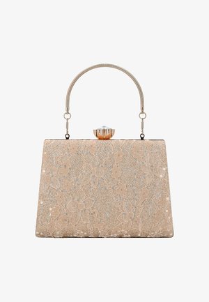 Bézs trapéz alakú clutch virágos csipkemintával, apró flitterekkel, aranyszínű ívelt fogantyúval és drágakőre emlékeztető kapoccsal a tetején középen.