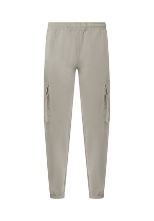 Pantalones cargo gris claro con cintura y puños elásticos, con grandes bolsillos laterales en cada pierna.