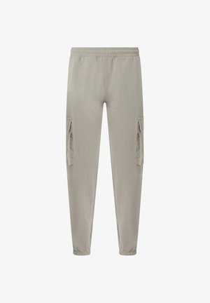 Pantalon cargo gris clair avec taille et poignets élastiques, avec de grandes poches latérales sur chaque jambe.
