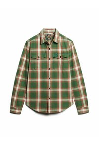 Groen en bruin geruit flanellen overhemd met lange mouwen, knoopsluiting aan de voorkant, twee borstzakken en een groen merklabel op de linkerbovenzak.