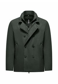 Cappotto doppiopetto verde scuro con colletto a scollo a V, chiusura con bottoni, tasche laterali e un tessuto liscio e testurizzato. Design leggero.