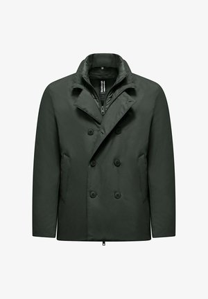 Donkergroene, dubbel-geknopte jas met een reverskraag, knoopsluiting aan de voorkant, zijzakken en een gladde, gestructureerde stof. Lichtgewicht ontwerp.