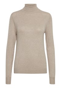 Maglione a collo alto beige realizzato in tessuto di maglia sottile. Presenta maniche lunghe e un design aderente con dettagli in costina sul collo e sull'orlo.