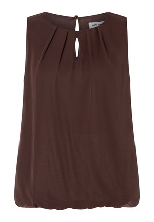 Ärmellose dunkelbraune Bluse mit vorderen Falten und Schlüssellochausschnitt, der hinten mit einem kleinen Knopf geschlossen wird.