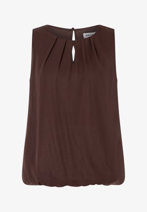Ärmellose dunkelbraune Bluse mit vorderen Falten und Schlüssellochausschnitt, der hinten mit einem kleinen Knopf geschlossen wird.