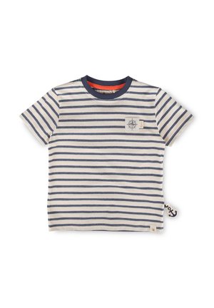 T-shirt a maniche corte per bambini con righe orizzontali blu navy e bianche, colletto blu navy, toppa bussola sul petto e piccola etichetta con ancora sul lato.