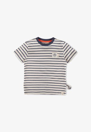 T-shirt enfant à manches courtes avec rayures horizontales bleu marine et blanc, col bleu marine, écusson boussole sur la poitrine, et petite étiquette ancre sur le côté.