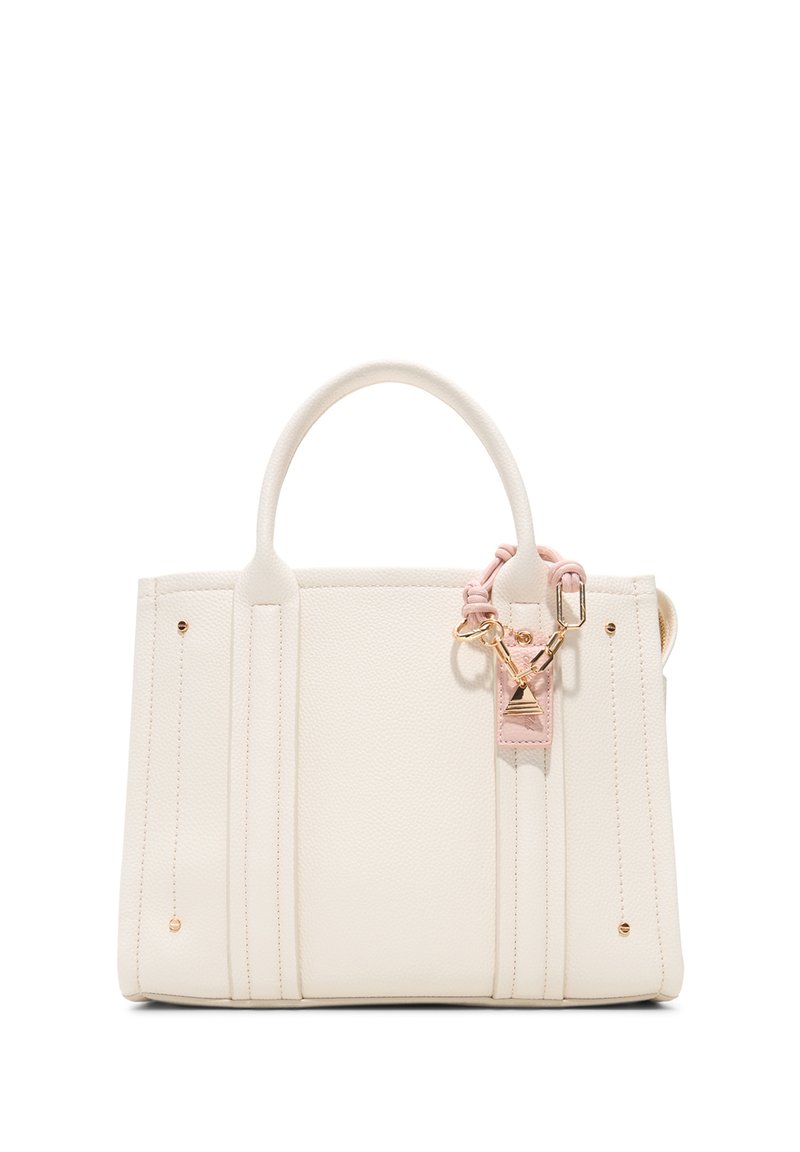 Sac à main en cuir blanc avec deux poignées supérieures, quincaillerie dorée, détail en accent rose et lignes de couture verticales à l'avant.