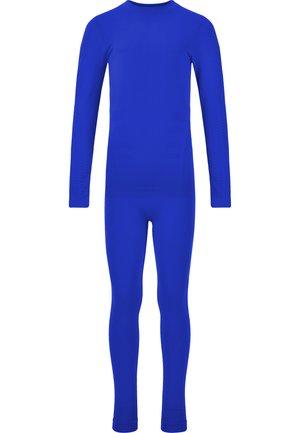 Bodysuit de sport à manches longues en bleu vif. Fabriqué à partir d'un tissu extensible avec une texture lisse. Doté d'un col rond et d'un design ajusté.