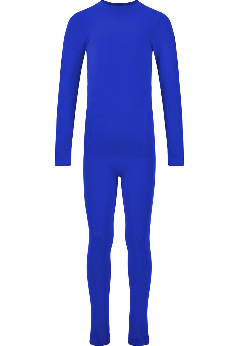 Bodysuit de sport à manches longues en bleu vif. Fabriqué à partir d'un tissu extensible avec une texture lisse. Doté d'un col rond et d'un design ajusté.