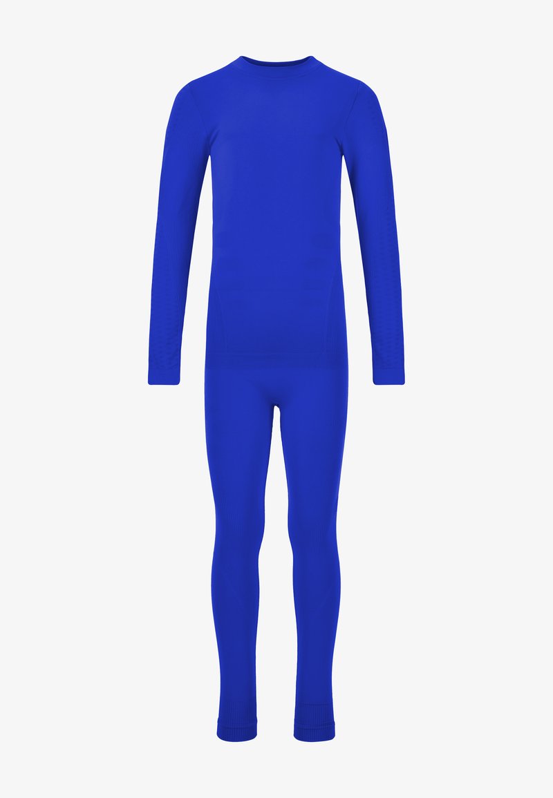 Bodysuit de sport à manches longues en bleu vif. Fabriqué à partir d'un tissu extensible avec une texture lisse. Doté d'un col rond et d'un design ajusté.