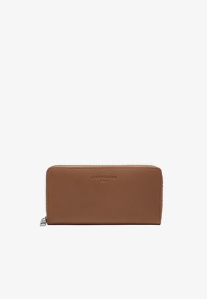 Brown leather wallet with a zipper closure, embossed logo on the front, rectangular shape, smooth texture, and minimalistic design.