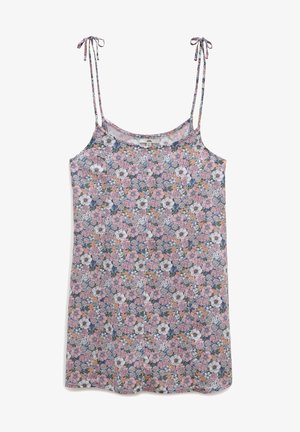 Bloemrijke mouwloze jurk met verstelbare strikbanden, voorzien van een multikleurig patroon van roze en witte bloemen op een lichtblauwe achtergrond.