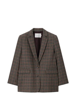 Einreihiger karierten Blazer mit zwei Knöpfen, Notch-Revers und vorderen Pattentaschen in Braun- und Rottönen.