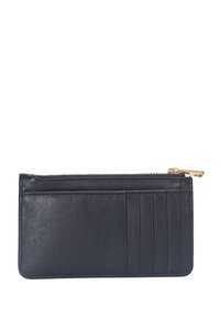 Portefeuille mince en cuir noir avec quatre emplacements pour cartes et une fermeture éclair dorée sur le bord supérieur.