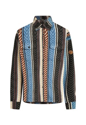 Textured flannel shirt featuring vertical stripes in blue, brown, and black, with two chest pockets and a button-up front.
