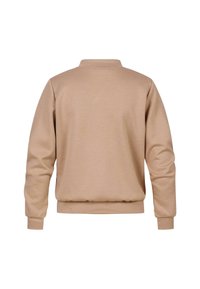 Beige sweatshirt met een hoge kraag, ribgebreide manchetten en tailleband. Gemaakt van zachte stof, met een gladde textuur en minimalistisch ontwerp.