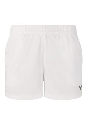 Hvide atletikshorts med elastisk talje og lille mørk logo på det nederste højre ben.