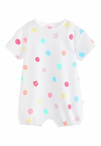 Tutina bianca per neonati a manica corta, con pois colorati e motivi floreali in tonalità pastello.