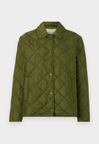 Veste olive verte matelassée en tissu léger, avec un col arrondi et une fermeture à boutons-pression, ornée d'un motif en losanges.