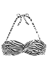 Top de bikini con estampado de cebra en blanco y negro, con un diseño sin tirantes, que presenta un lazo al cuello tipo halter y una tela texturizada.