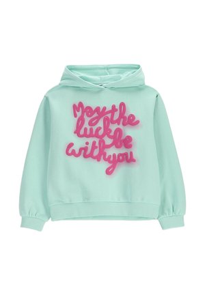 Jasnozielona bluza z kapturem z różowym napisem "Niech szczęście będzie z tobą" w stylizowanym kroju pisma na froncie.