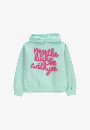 Jasnozielona bluza z kapturem z różowym napisem "Niech szczęście będzie z tobą" w stylizowanym kroju pisma na froncie.