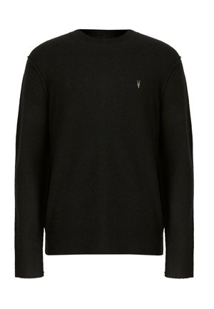 Schwarzer Pullover mit langen Ärmeln, Rundhalsausschnitt, aus weichem Strickstoff. Mit einem kleinen kontrastierenden Logo auf der Brust.