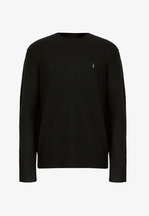 Sudadera negra de manga larga, cuello redondo, hecha de un suave tejido de punto. Presenta un pequeño logo en contraste en el pecho.