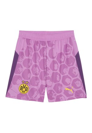 Fialové a ružové futbalové šortky s hexagonálnym vzorom, elastický pás, logo BVB 09 a žlté logo Puma na spodnej strane.
