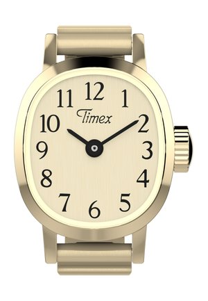 Montre-bracelet Timex ton or avec un cadran carré arrondi, chiffres noirs, et aiguilles des heures et des minutes noires indiquant 10h09.
