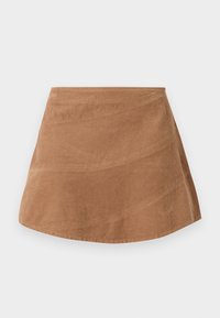 Ruskea corduroy-minihelma, jossa on liehuva muotoilu, sileä pinta ja hienovaraiset pystysuorat raidat kankaan pinnan ribbien ansiosta.