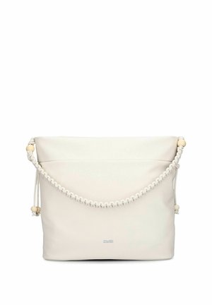 Borsa a tracolla in pelle bianca con tracolla intrecciata e dettagli in perline di legno, forma rettangolare e logo discreto sul davanti.