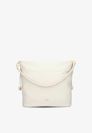 Borsa a tracolla in pelle bianca con tracolla intrecciata e dettagli in perline di legno, forma rettangolare e logo discreto sul davanti.