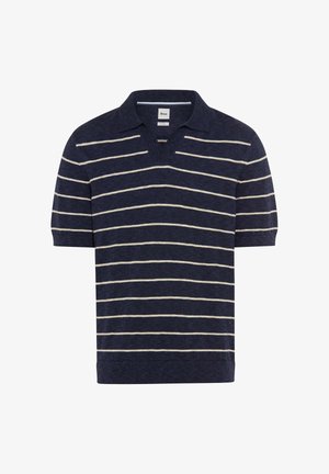 Marineblaues kurzärmeliges Poloshirt mit weißen horizontalen Streifen und einem V-Ausschnitt-Kragen.