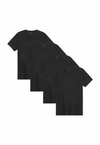 Svarta t-shirts med rund hals, kort ärm, gjorda av mjuk bomullsblandning, visade i en stapel av fyra. Enhetlig färg och slät textur.