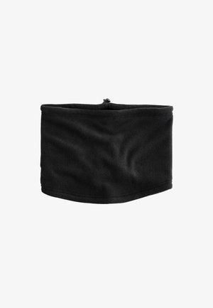 Zwarte fleece nekwarmer met verstelbare trekstoper bovenaan, ontworpen om warmte en bescherming tegen kou te bieden.